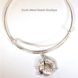 Ladybug Charm Bracelet Lady Bug Faux White Pearl Adjustable Wire Silver Plated